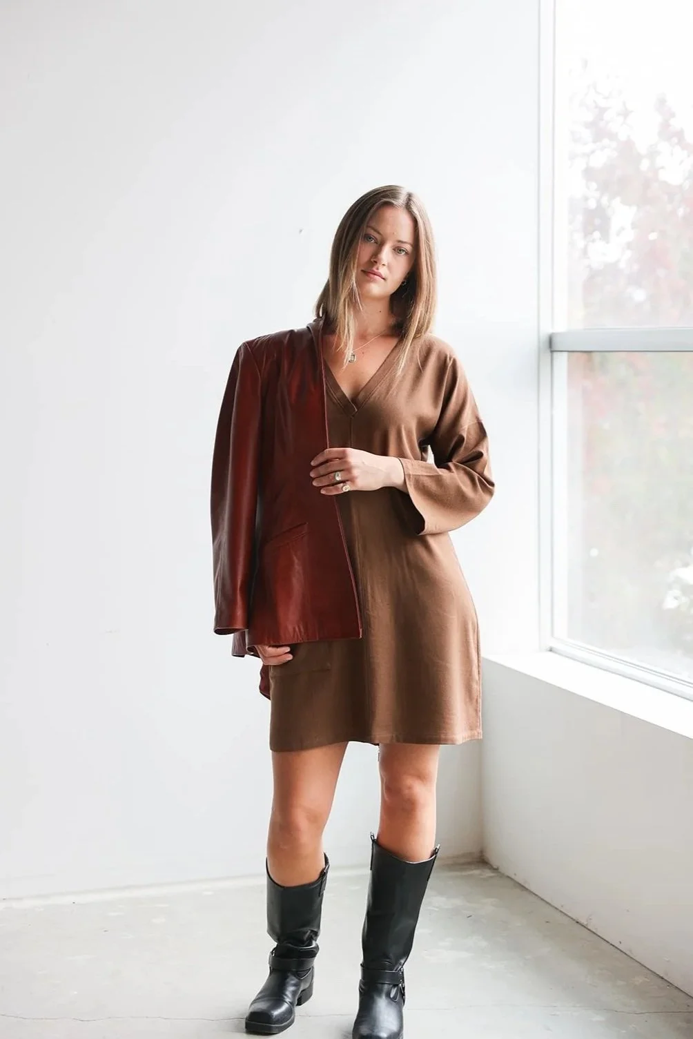 Hayley V-Neck Linen Dress with Long Sleeves